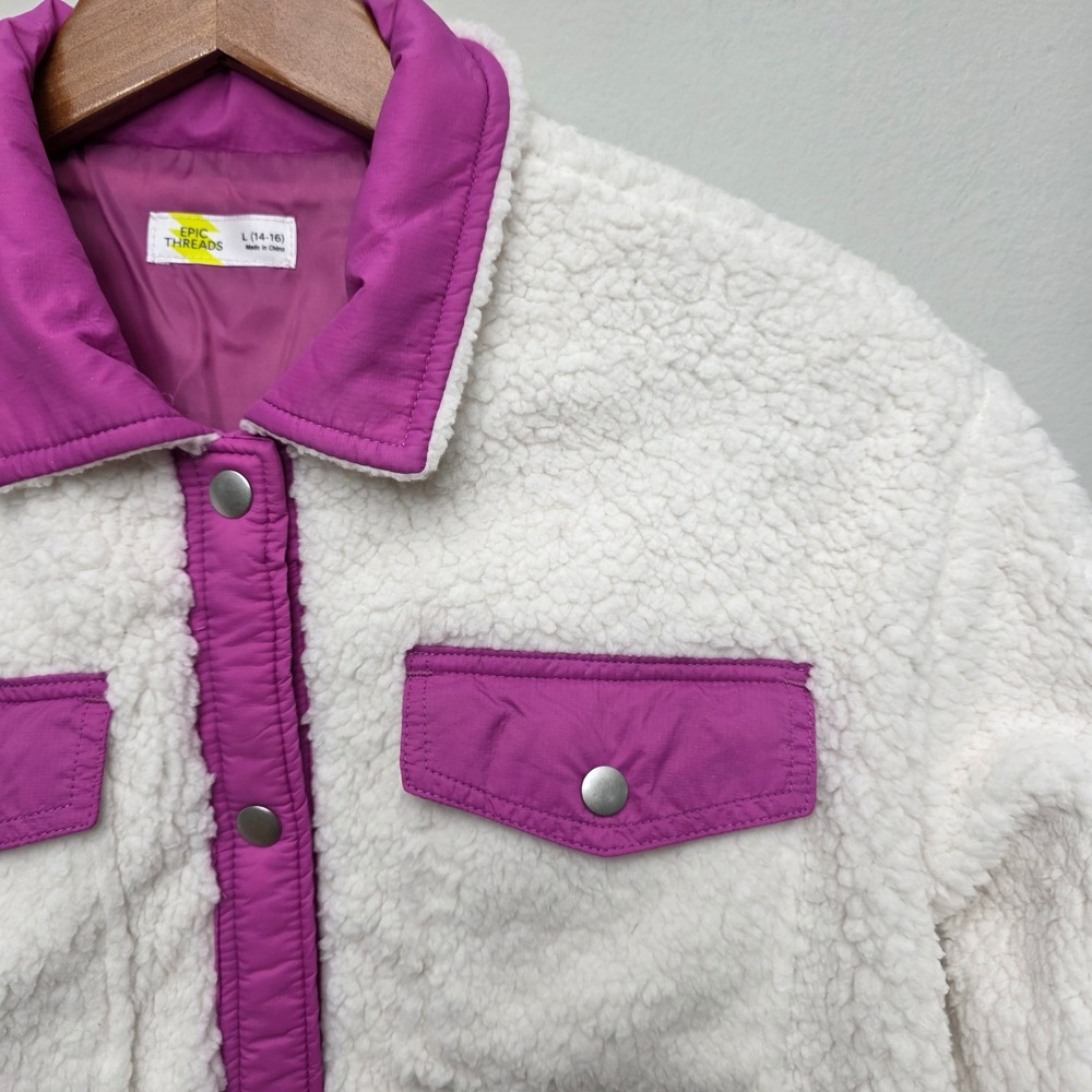 Epic Threads Girls L Faux Sherpa Jacket Button Front‎ Purple White Coat
